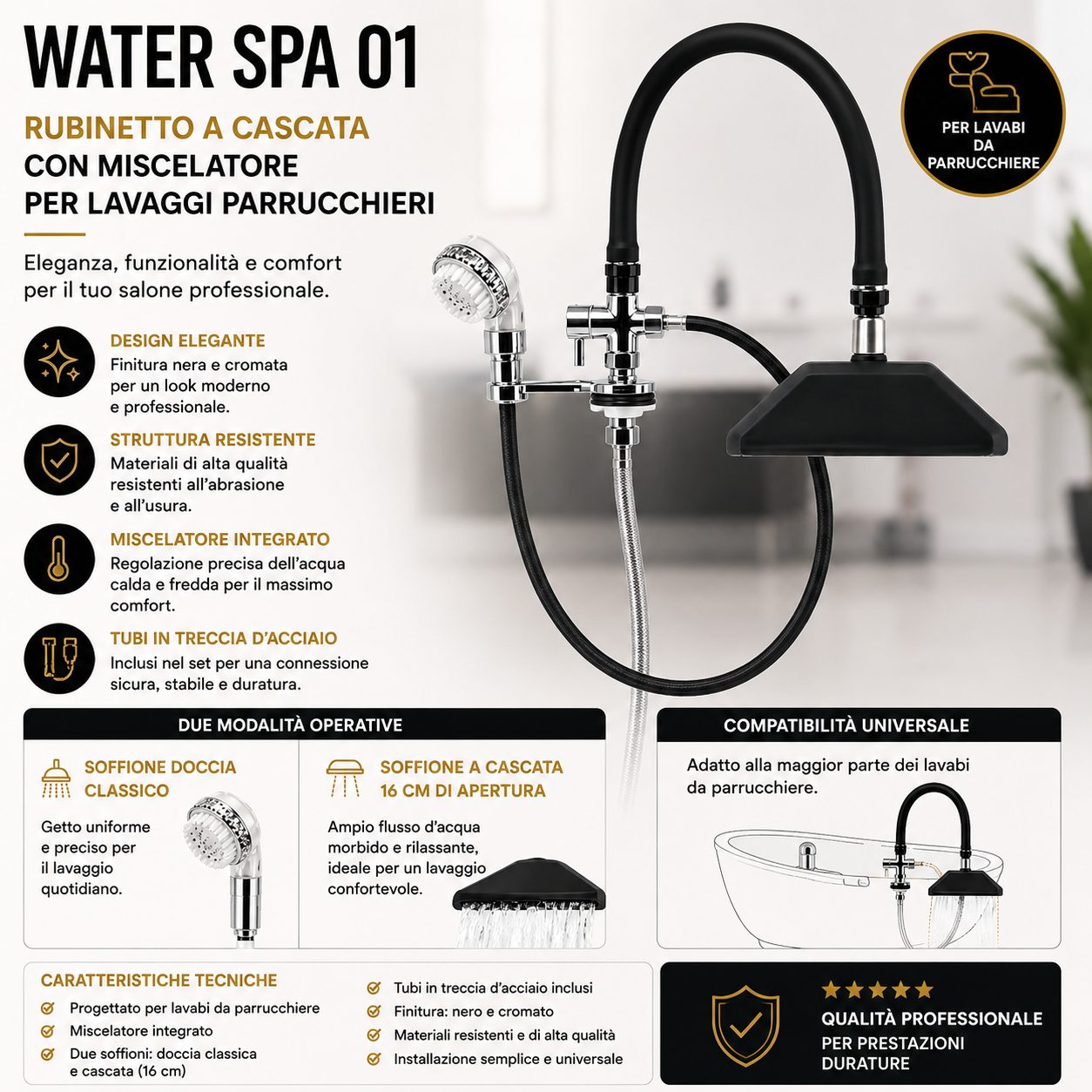 Water Spa 01 rubinetto miscelatore a cascata per lavatesta