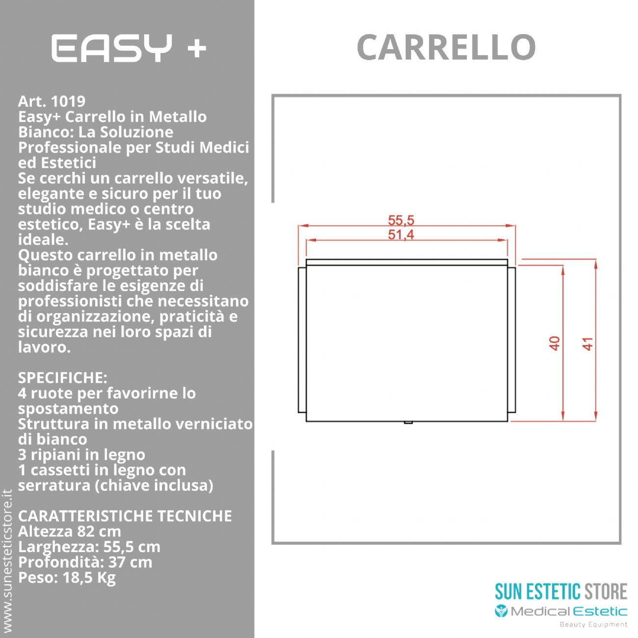 Easy + carrello in metallo bianco cassetti con serratura per estetica studio medico
