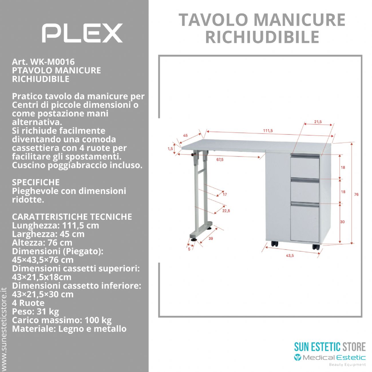 Plex tavolo manicure pieghevole richiudibile ricostruzione unghie nails