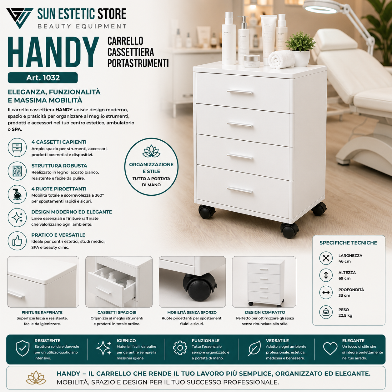 Handy cassettiera multifunzionale in legno laccato bianco