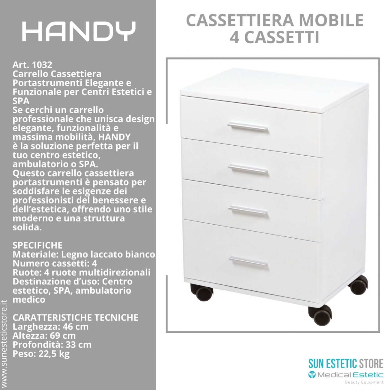 Handy cassettiera multifunzionale in legno laccato bianco