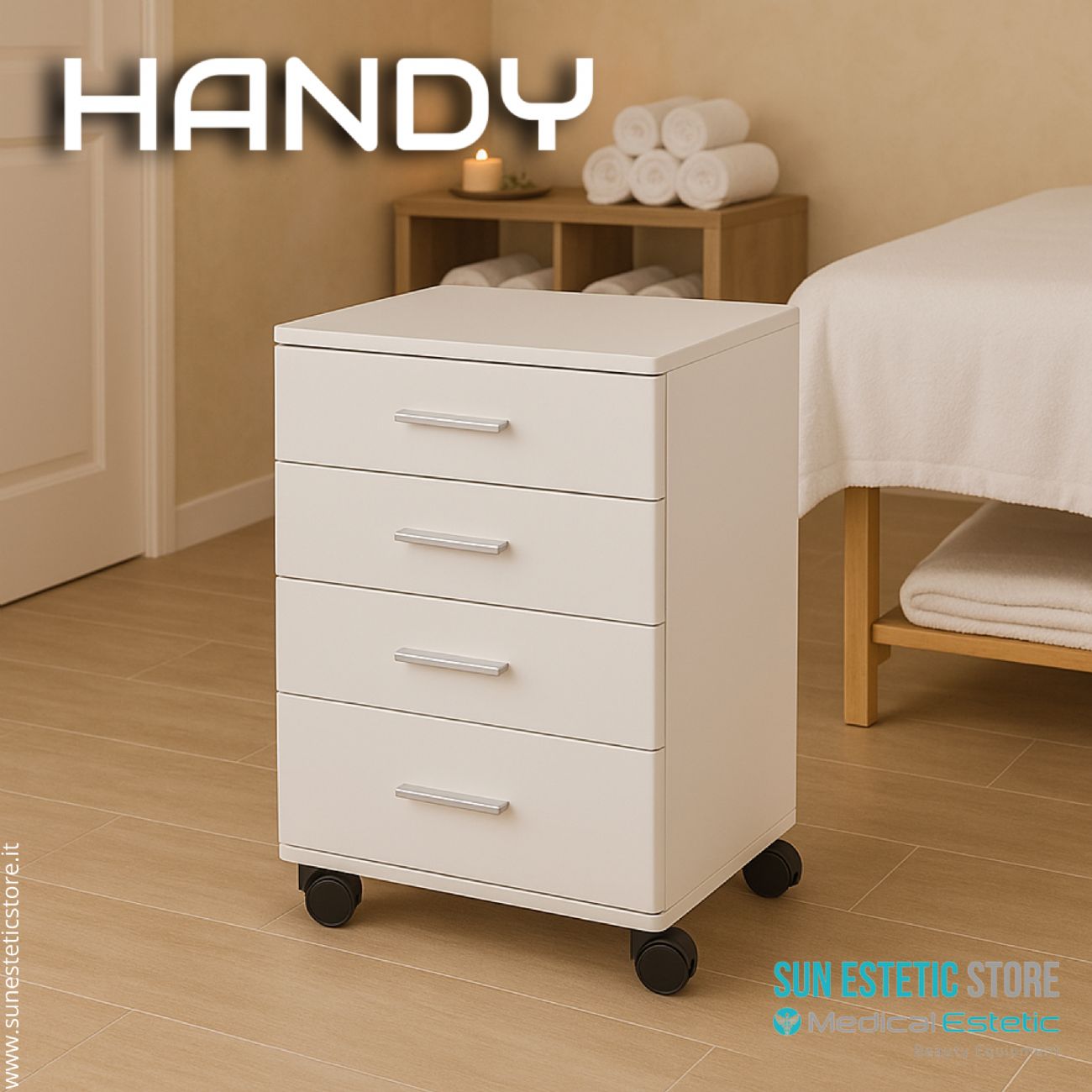 Handy cassettiera multifunzionale in legno laccato bianco