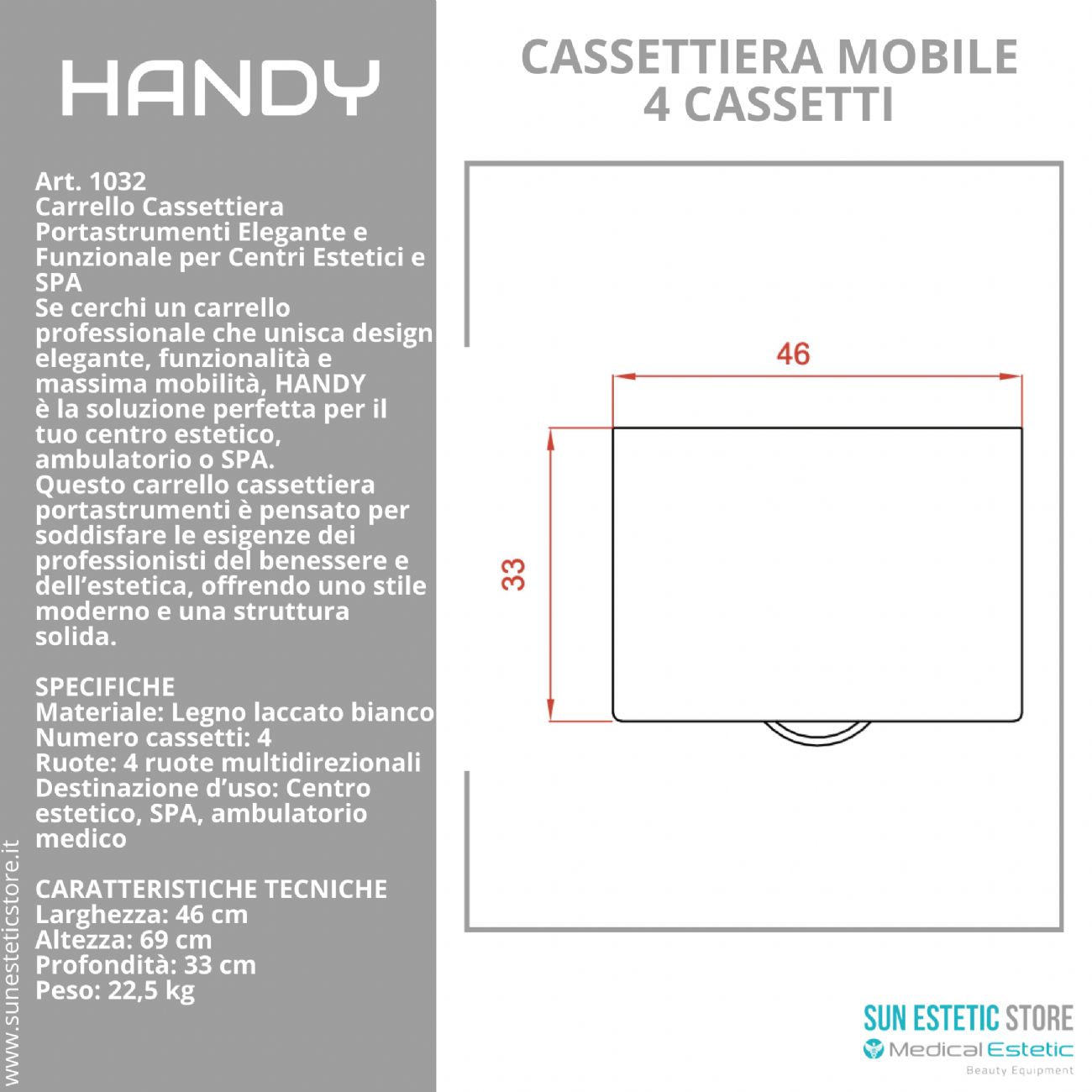 Handy cassettiera multifunzionale in legno laccato bianco