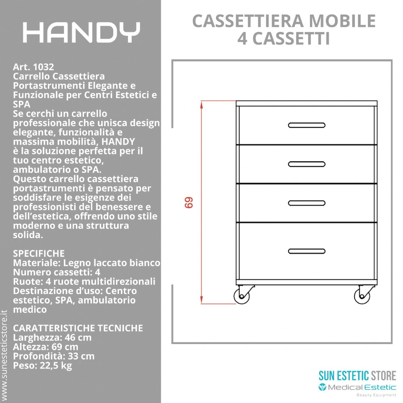 Handy cassettiera multifunzionale in legno laccato bianco