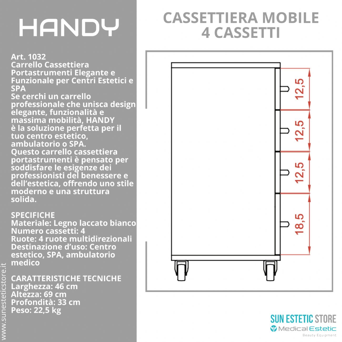Handy cassettiera multifunzionale in legno laccato bianco