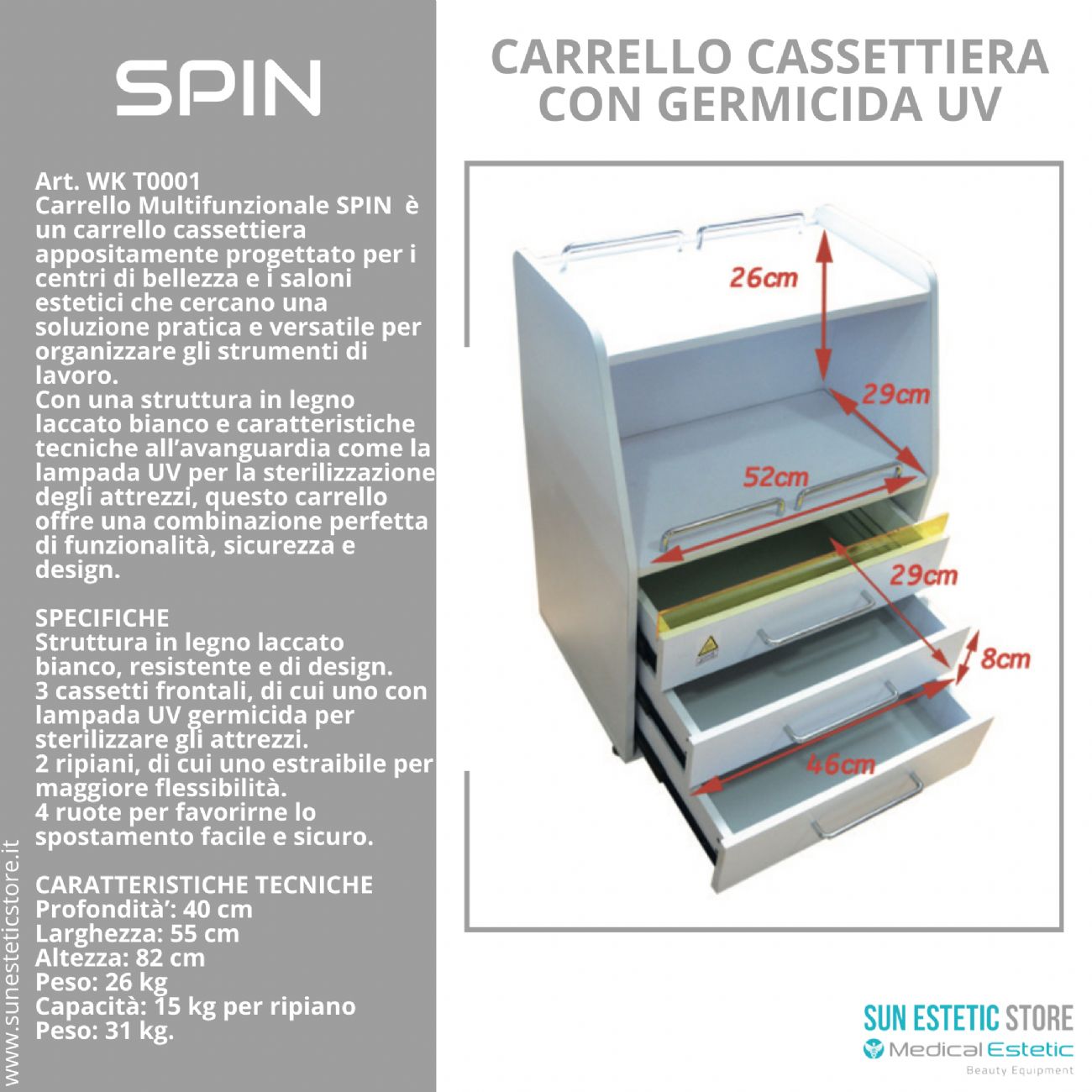Spin carrello multifunzionale porta apparecchiature con germicida UV