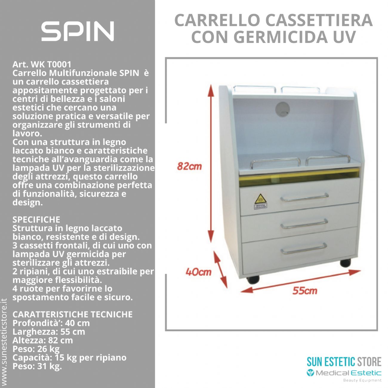 Spin carrello multifunzionale porta apparecchiature con germicida UV