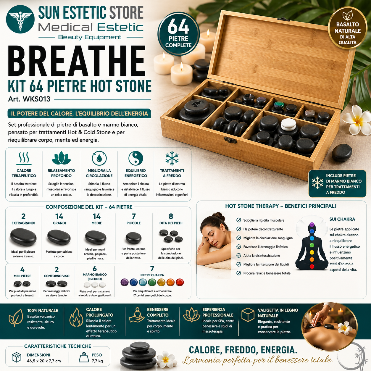 Kit 64 Pietre basalto Hot Stone Therapy massaggio pietre laviche centri estetici