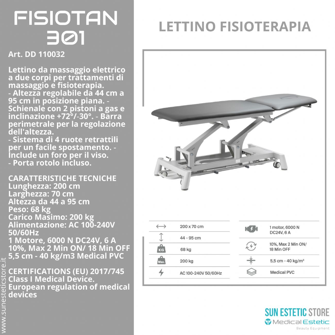 Fisiotan 301 lettino fisioterapia 2 sezioni 1 motore perimetrale