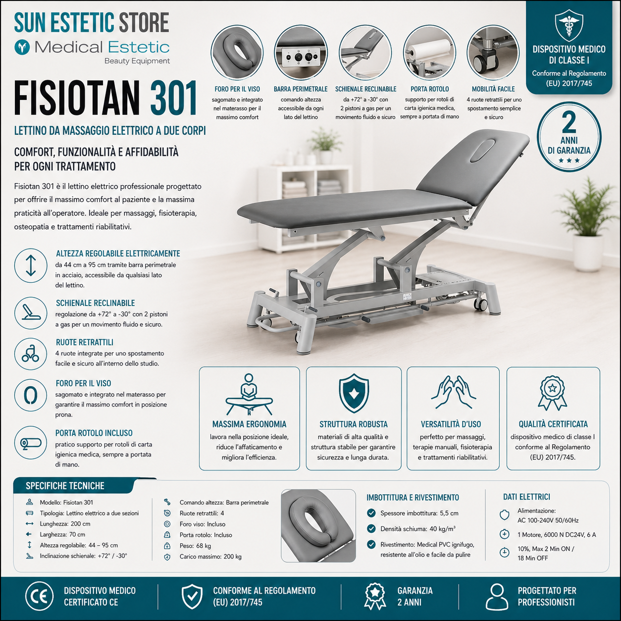 Fisiotan 301 lettino fisioterapia 2 sezioni 1 motore perimetrale