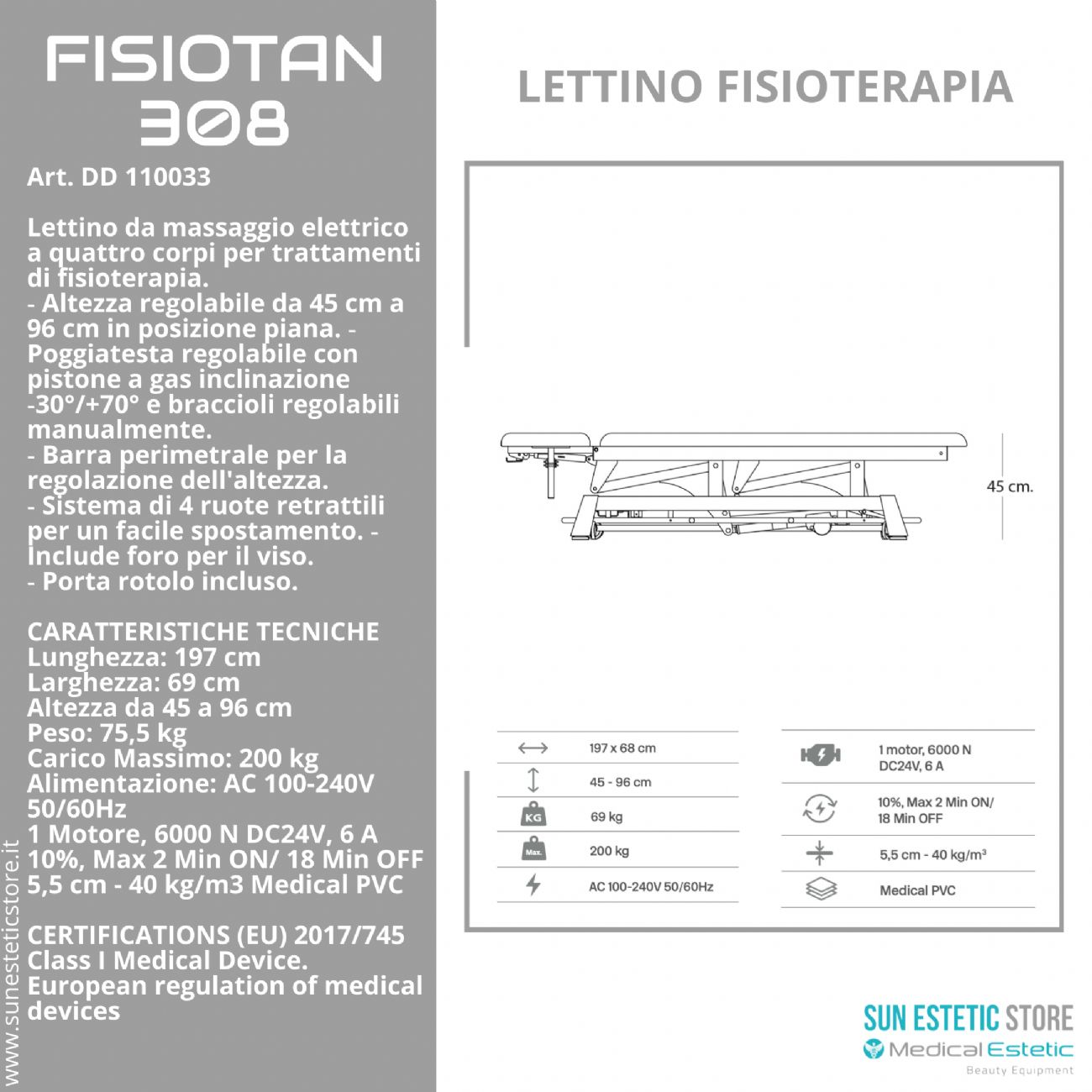 Fisiotan 308 lettino fisioterapia 1 motore perimetrale