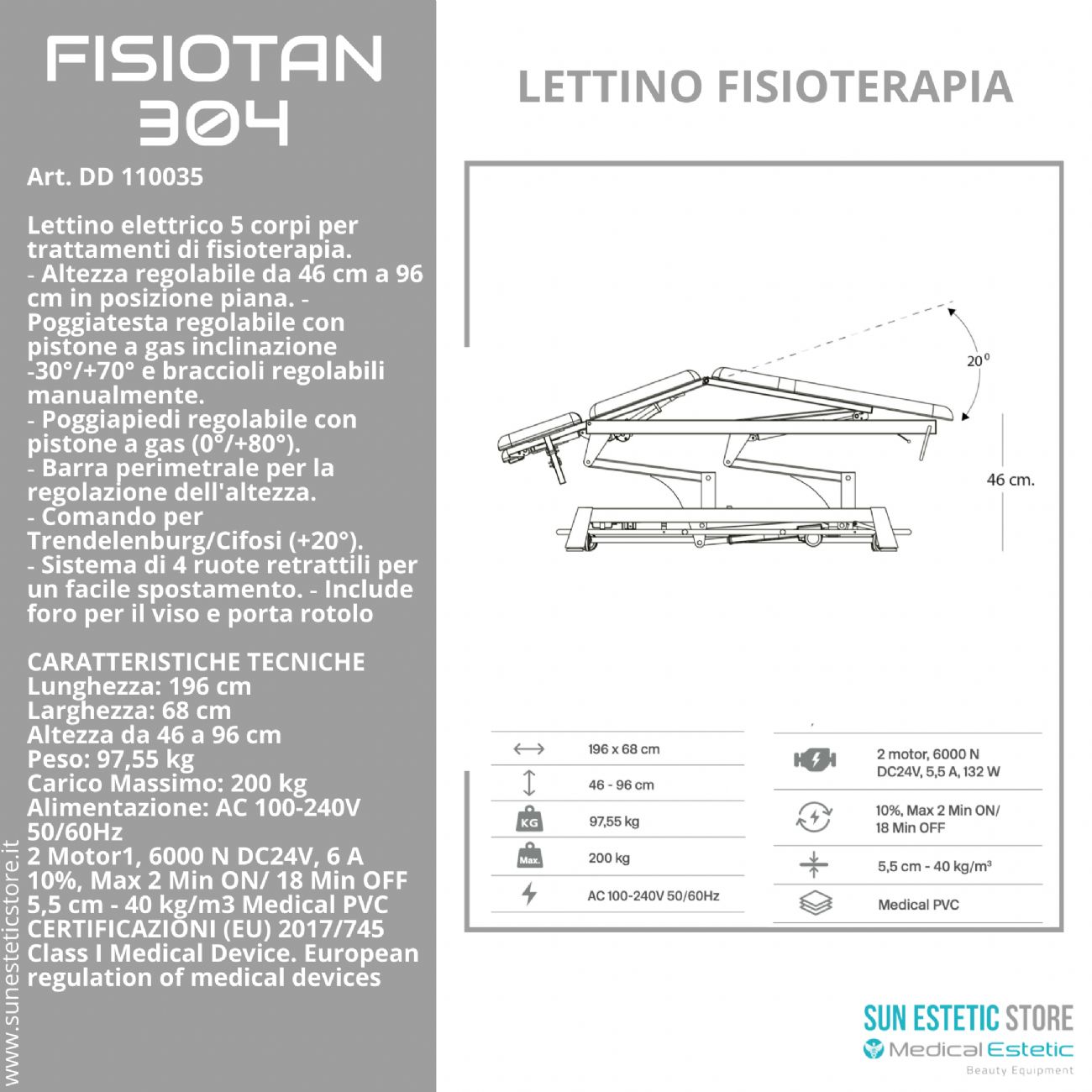 Fisiotan 304 lettino fisioterapia 2 motori con perimetrale