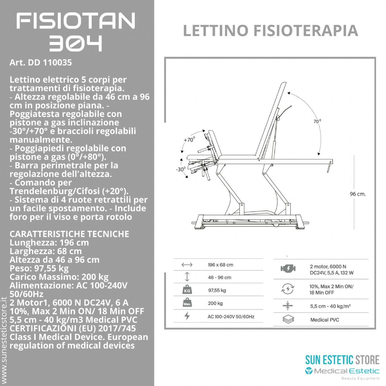 Fisiotan 304 lettino fisioterapia 2 motori con perimetrale
