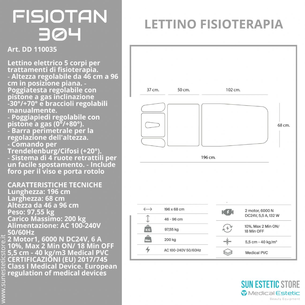 Fisiotan 304 lettino fisioterapia 2 motori con perimetrale