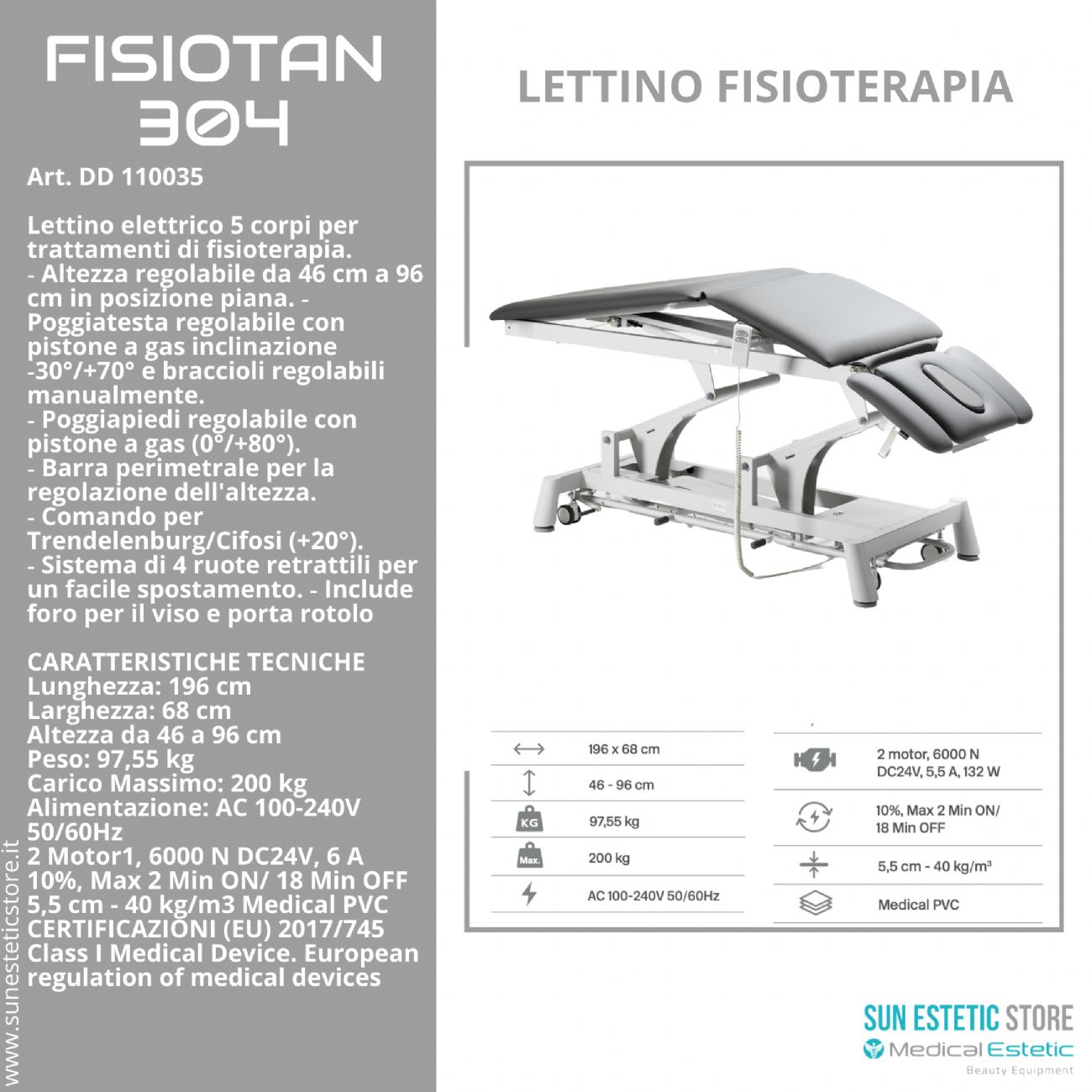 Fisiotan 304 lettino fisioterapia 2 motori con perimetrale