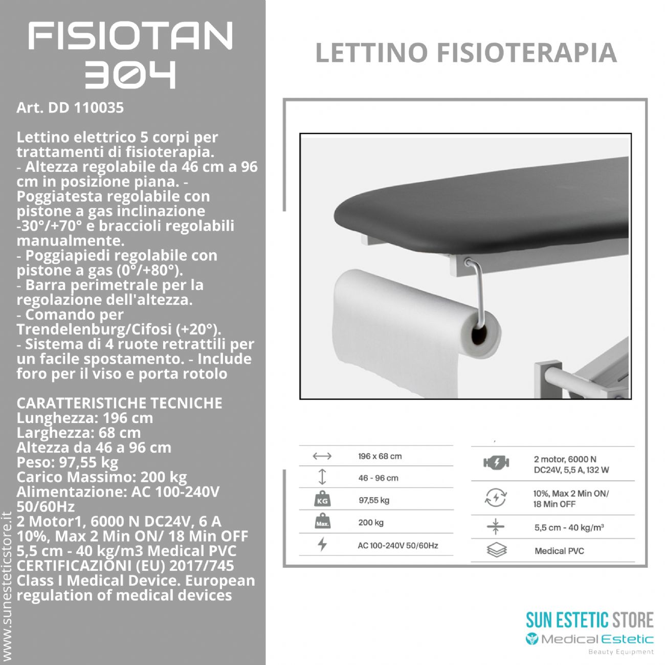 Fisiotan 304 lettino fisioterapia 2 motori con perimetrale