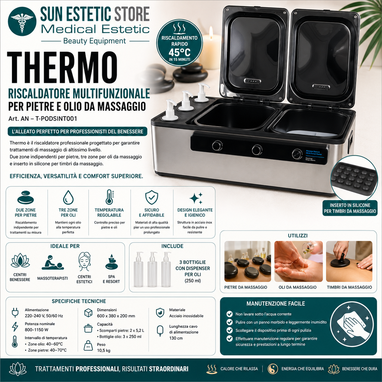 Thermo riscaldatore pietre hot stone e olio massaggio Spa