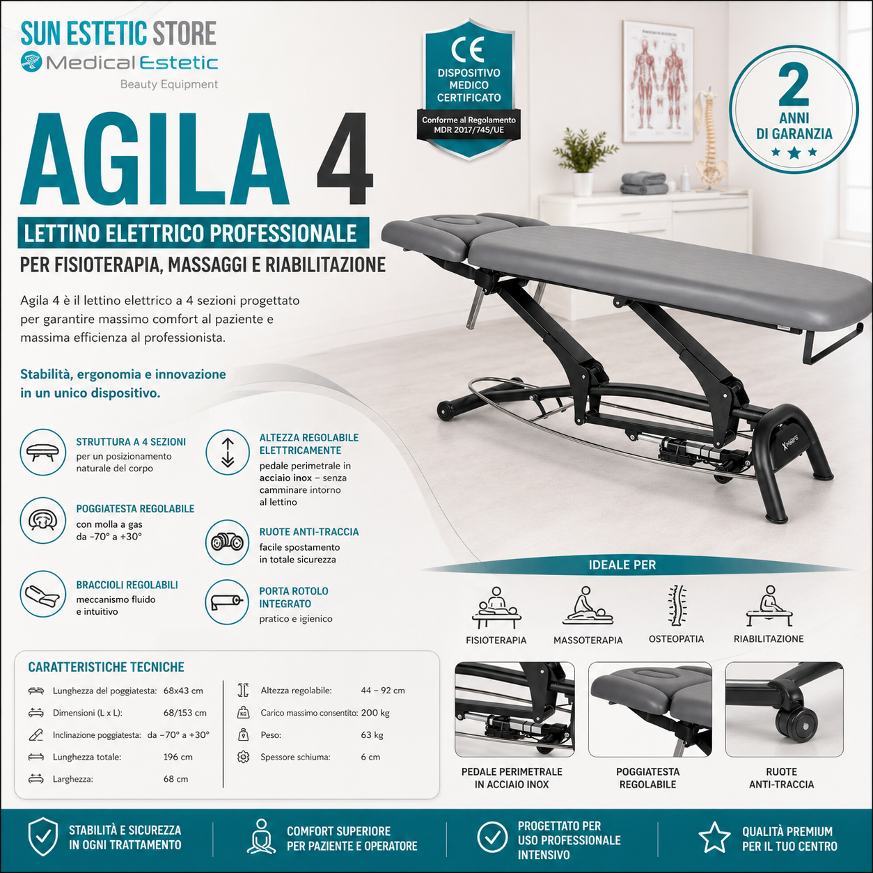 Agila 4 lettino elettrico per fisioterapia con comando perimetrale