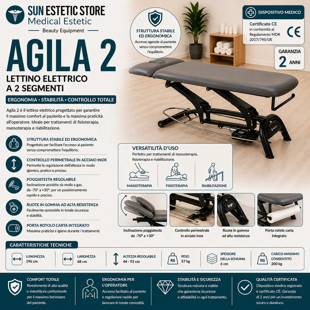 Agila 2 lettino elettrico per fisioterapia 2 sezioni