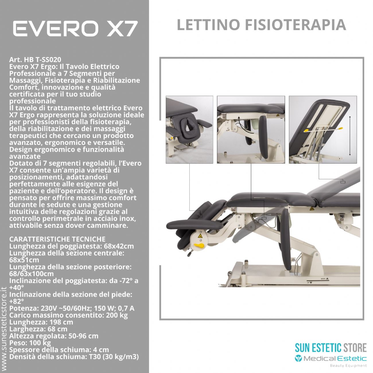 Evero X7 lettino fisioterapia 7 sezioni motorizzato con perimetrale