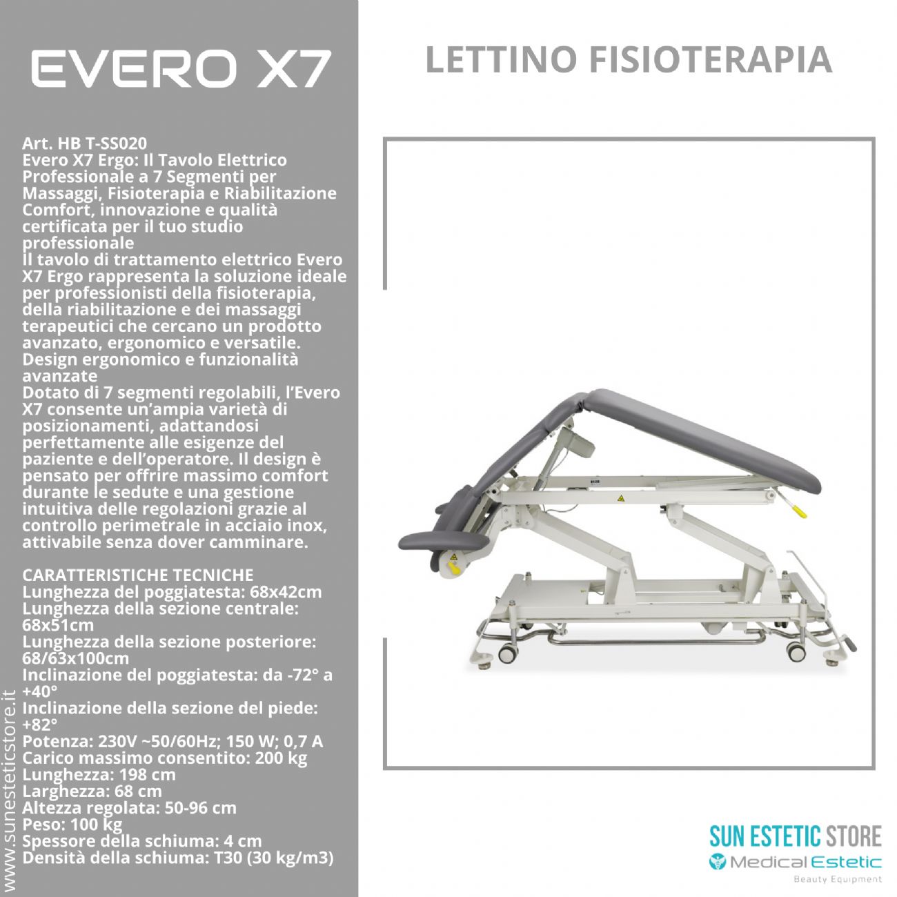 Evero X7 lettino fisioterapia 7 sezioni motorizzato con perimetrale