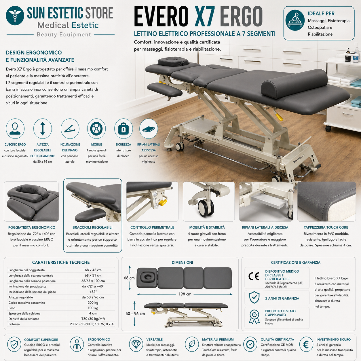 Evero X7 lettino fisioterapia 7 sezioni motorizzato con perimetrale