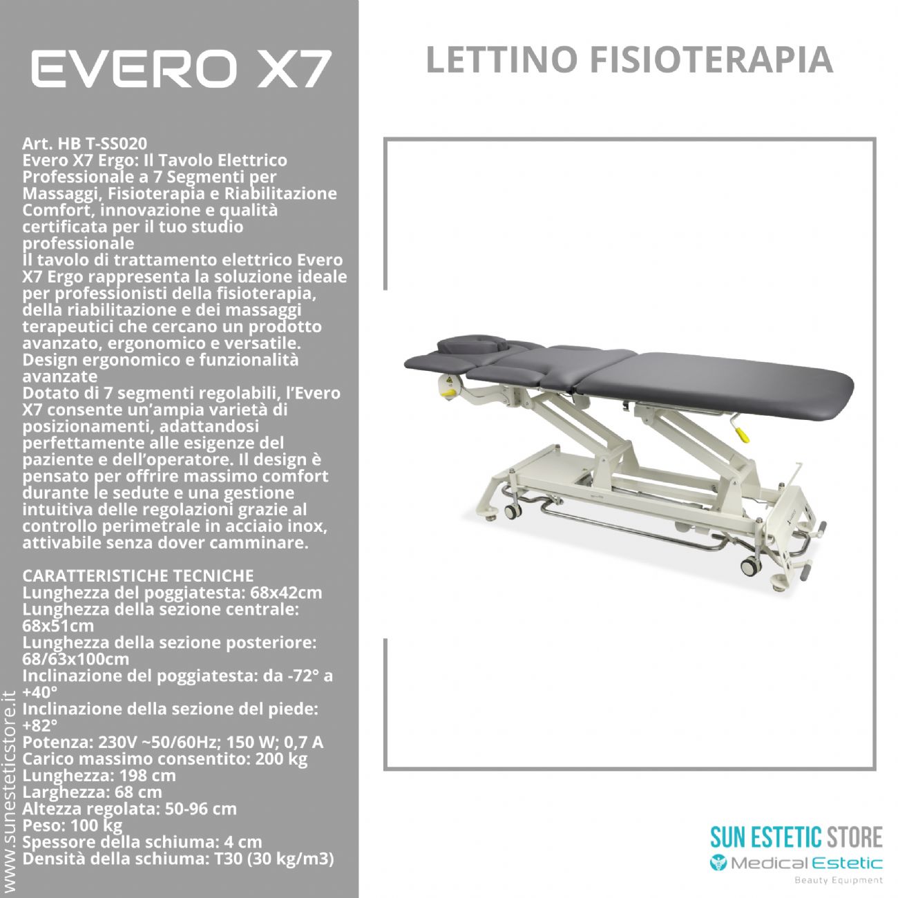 Evero X7 lettino fisioterapia 7 sezioni motorizzato con perimetrale