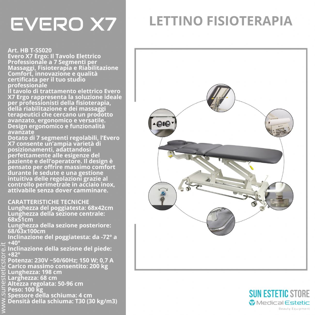 Evero X7 lettino fisioterapia 7 sezioni motorizzato con perimetrale