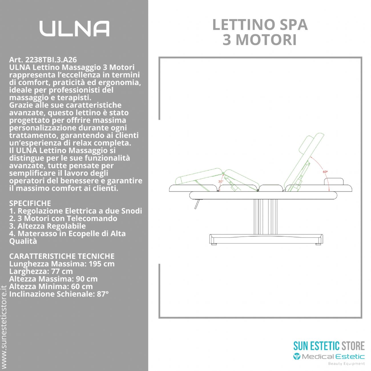 Ulna lettino massaggio a 3 sezioni elettrico a 3 motori
