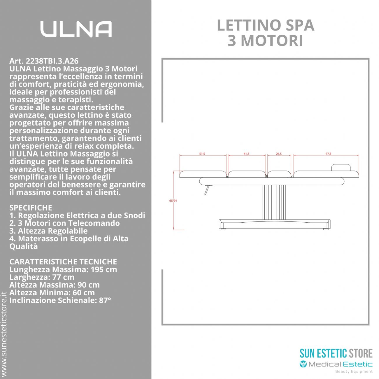 Ulna lettino massaggio a 3 sezioni elettrico a 3 motori