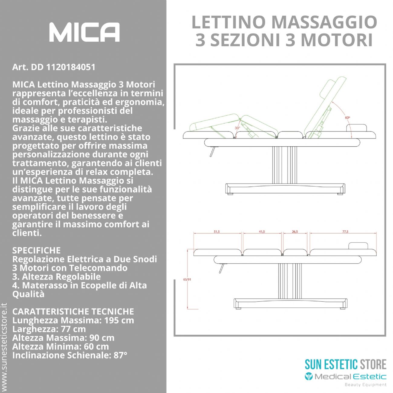 Ulna lettino massaggio a 3 sezioni elettrico a 3 motori