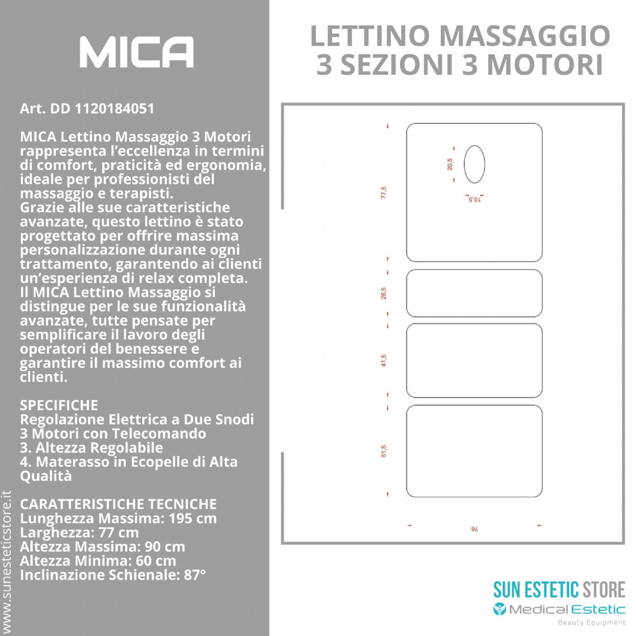 Ulna lettino massaggio a 3 sezioni elettrico a 3 motori