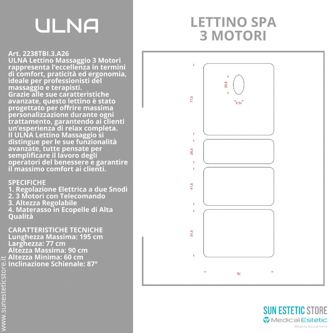 Ulna lettino massaggio a 3 sezioni elettrico a 3 motori