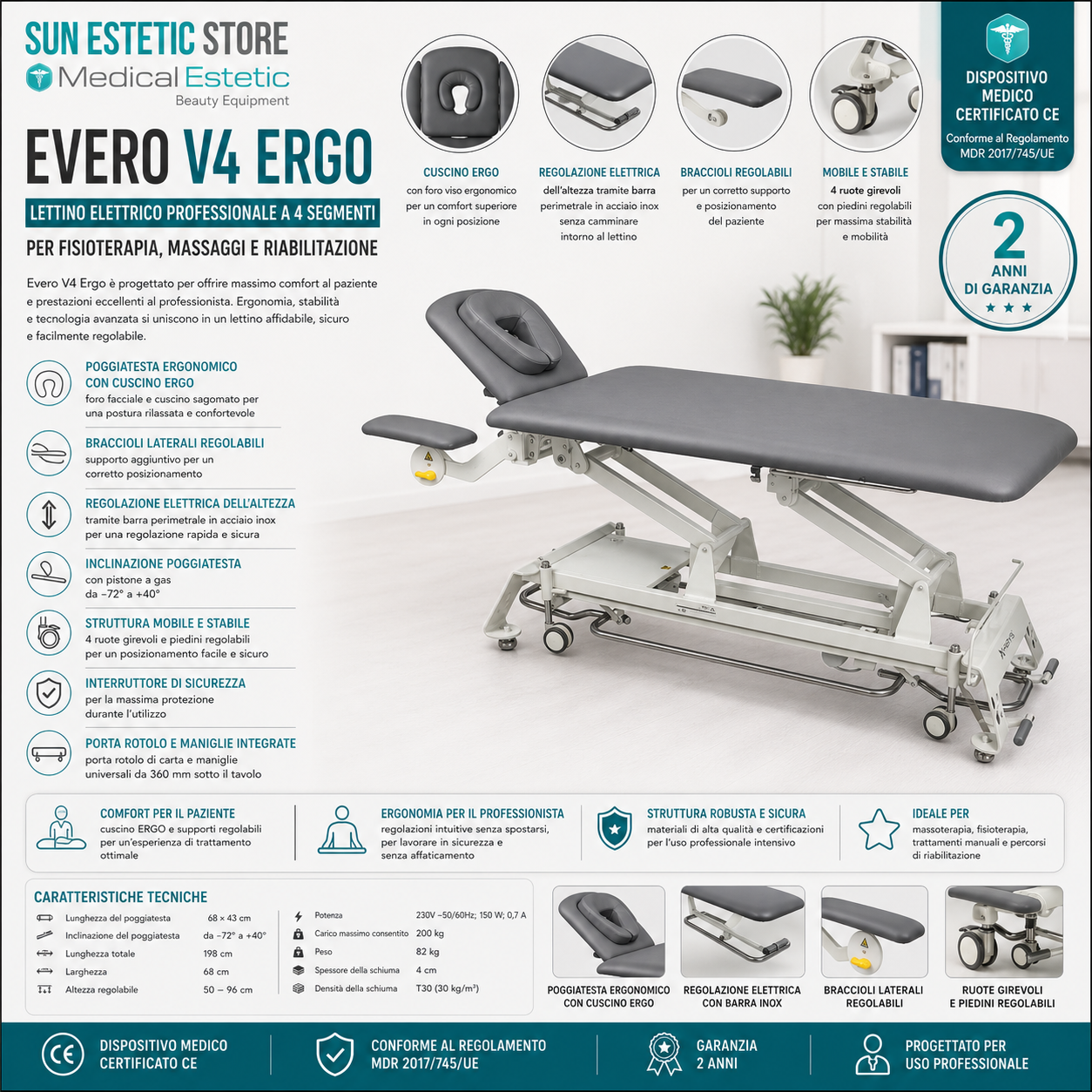Evero V4 Ergo lettino fisioterapia 4 sezioni 1 motore