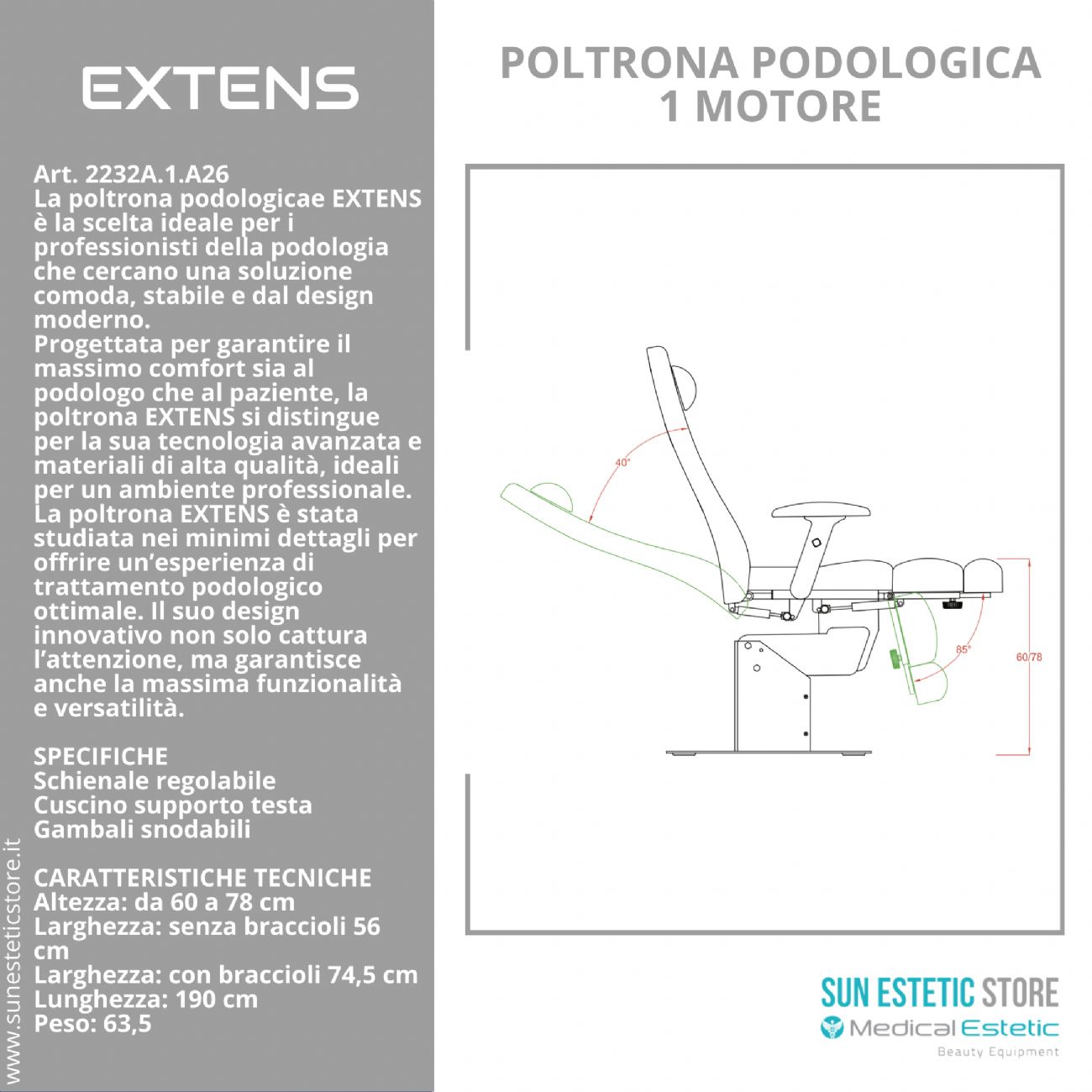 Extens poltrona podologica per estetica 1 motore