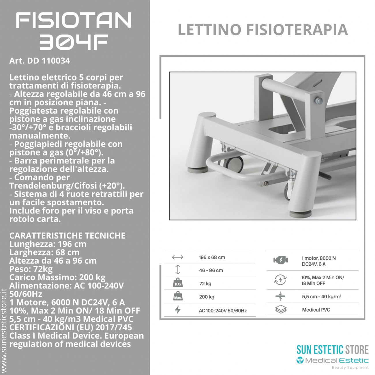 Fisiotan 304F lettino fisioterapia 1 motori con perimetrale