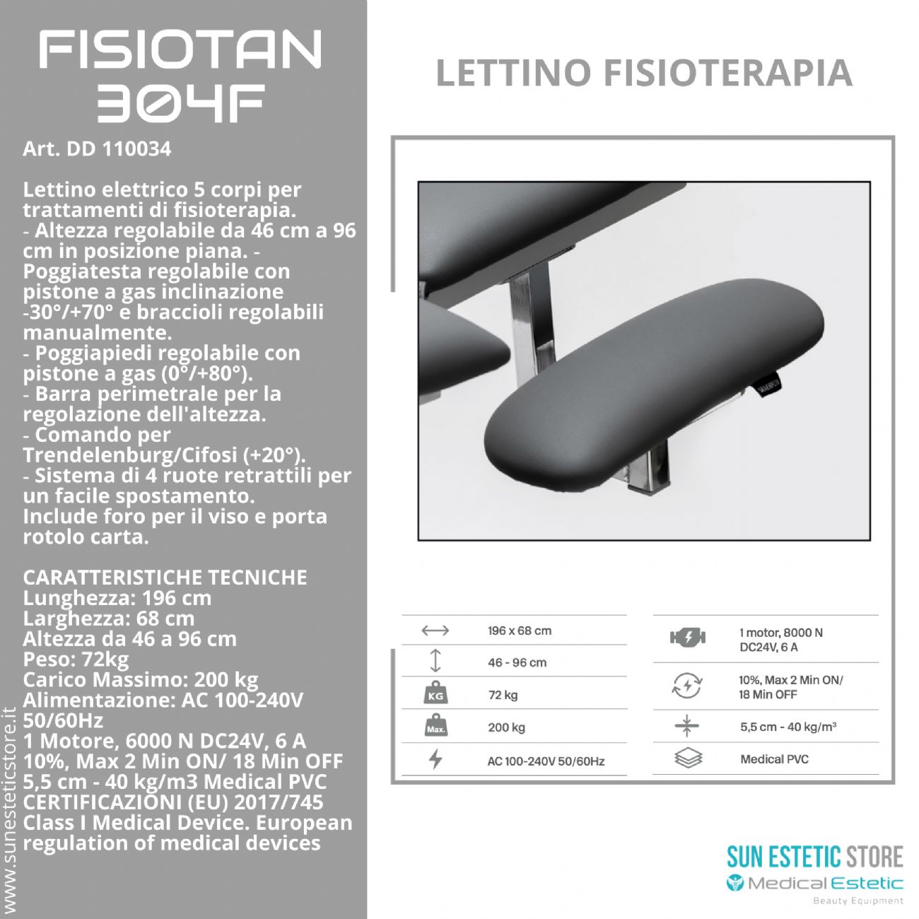 Fisiotan 304F lettino fisioterapia 1 motori con perimetrale