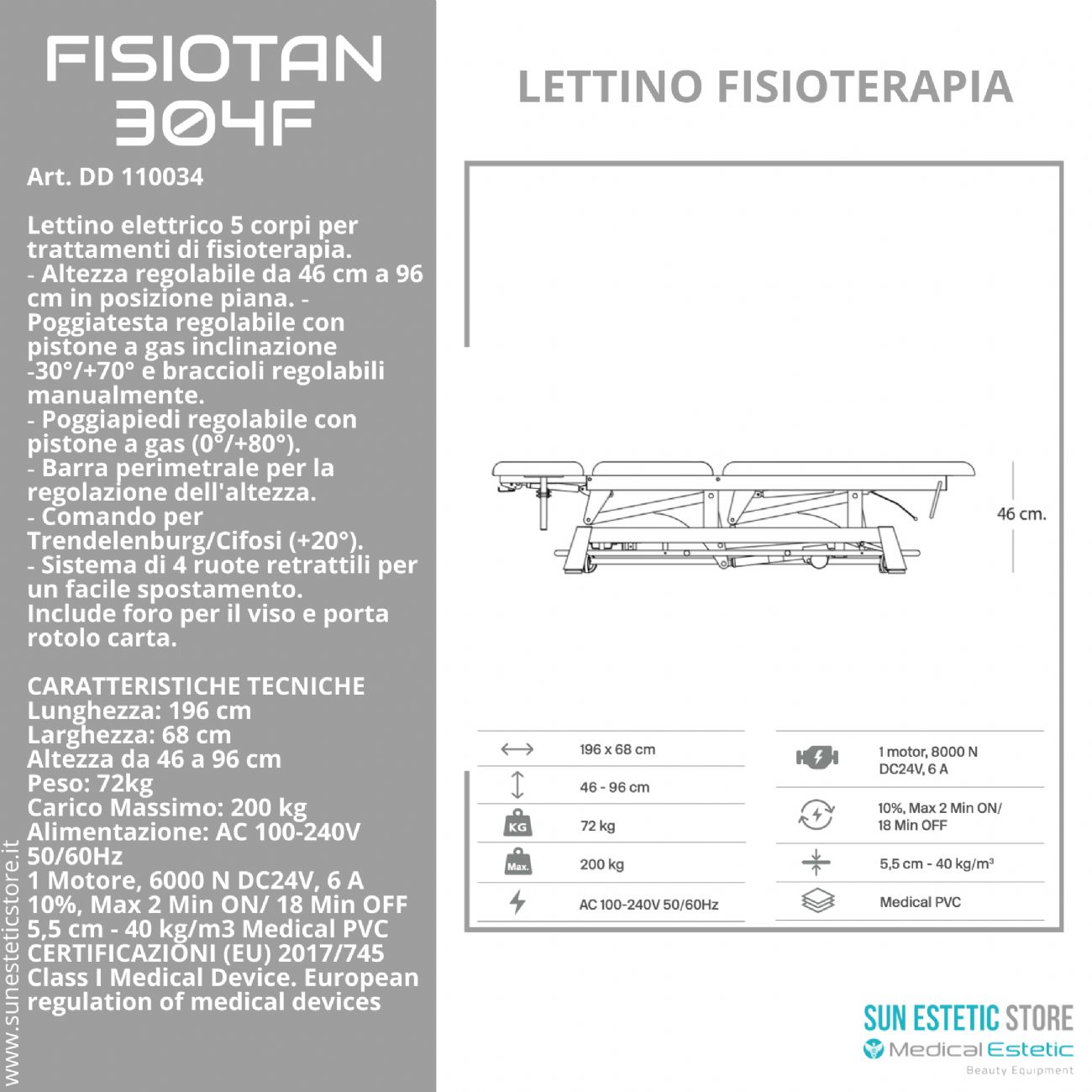Fisiotan 304F lettino fisioterapia 1 motori con perimetrale