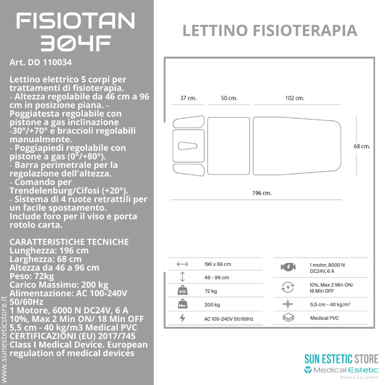 Fisiotan 304F lettino fisioterapia 1 motori con perimetrale