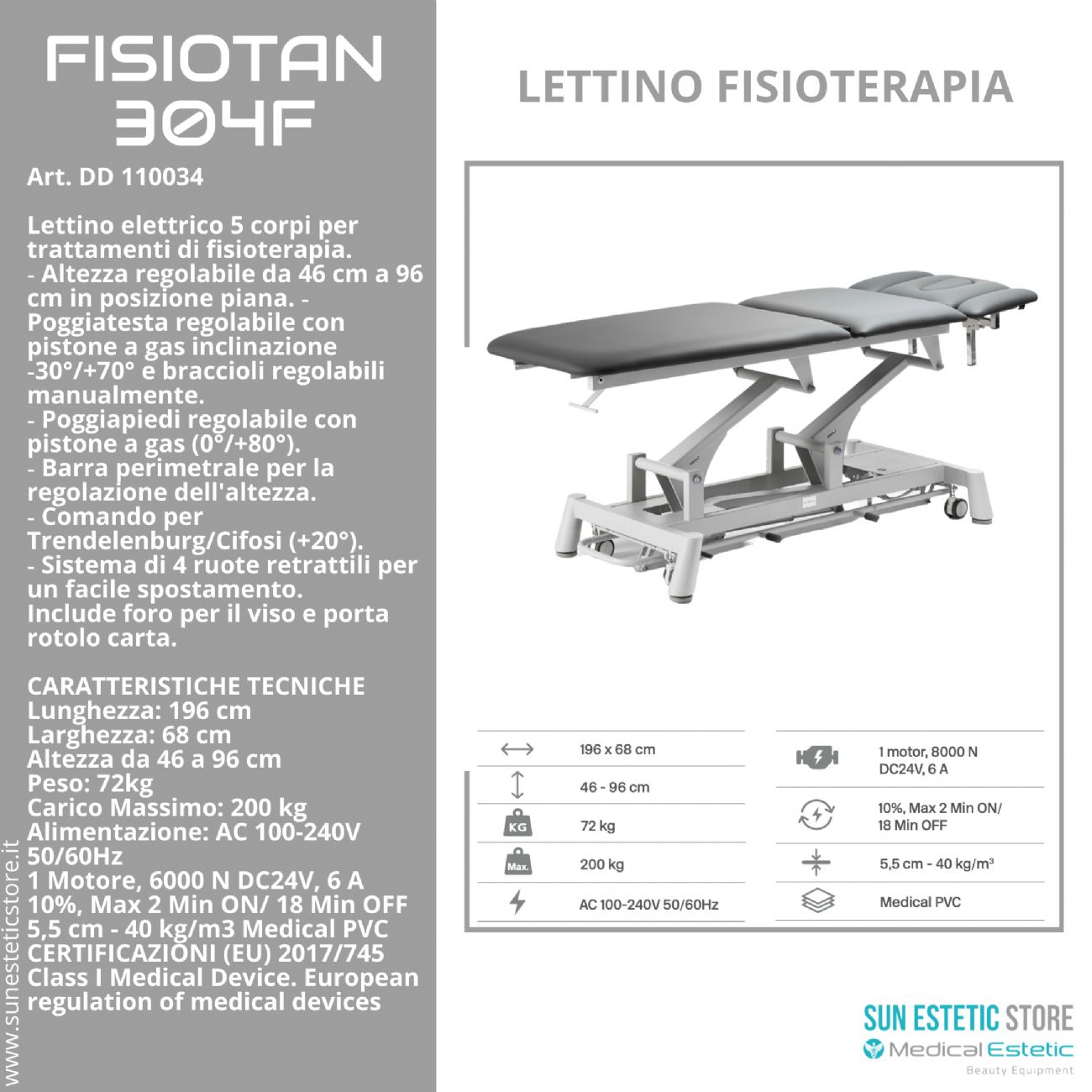 Fisiotan 304F lettino fisioterapia 1 motori con perimetrale