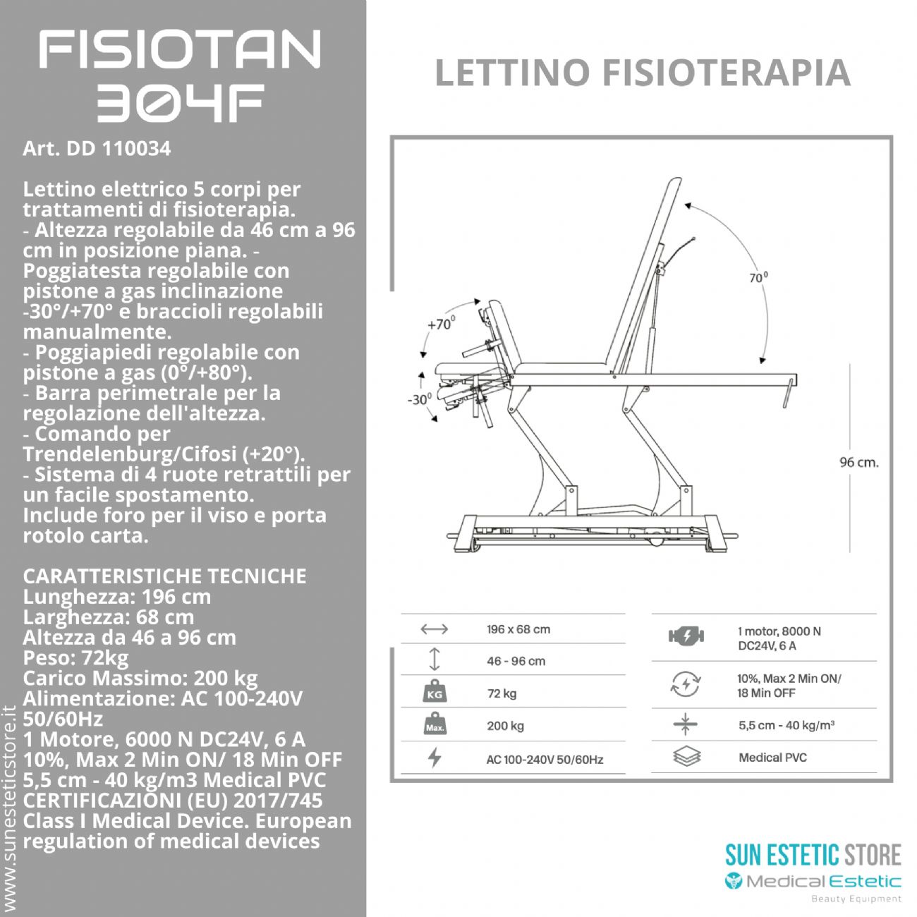 Fisiotan 304F lettino fisioterapia 1 motori con perimetrale