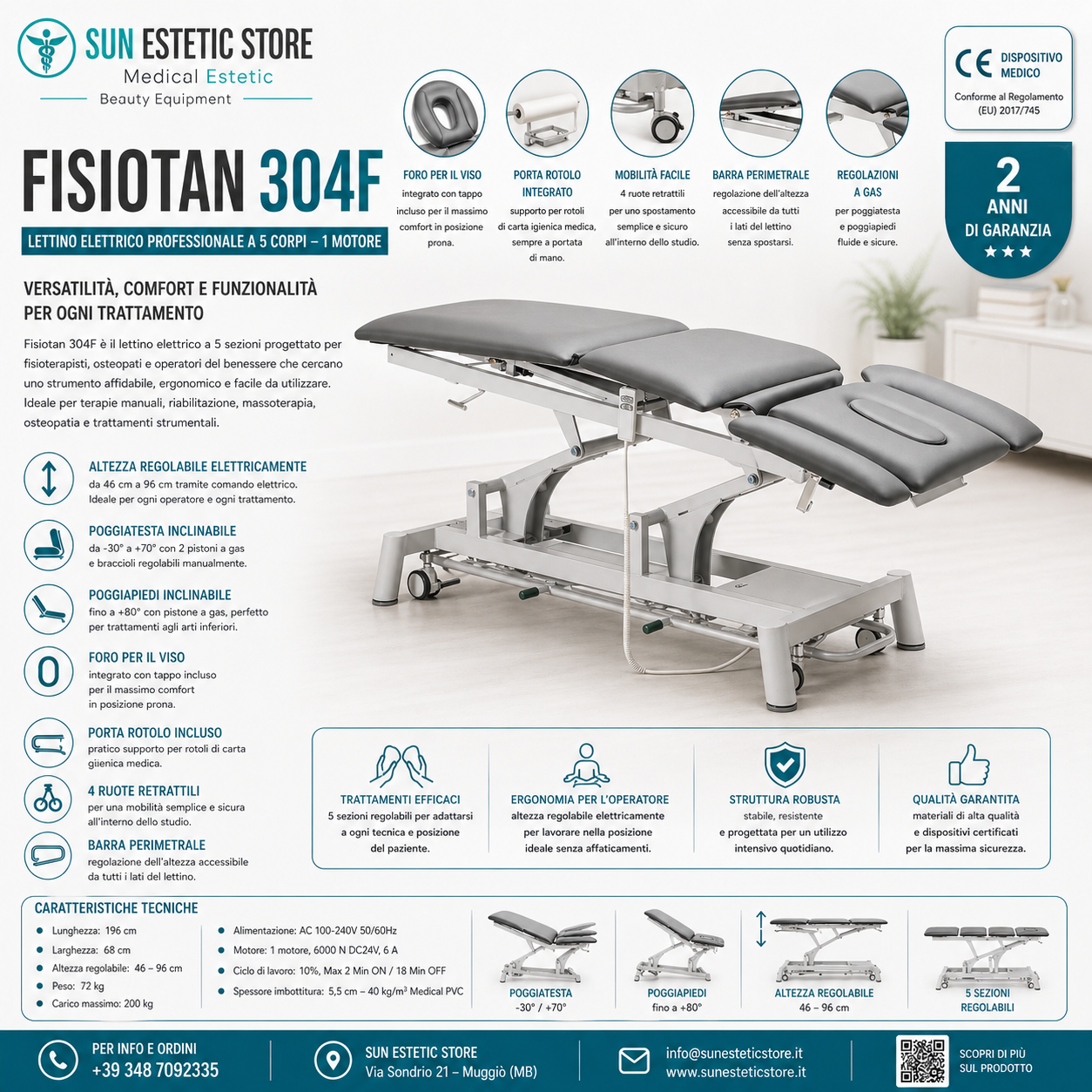 Fisiotan 304F lettino fisioterapia 1 motori con perimetrale