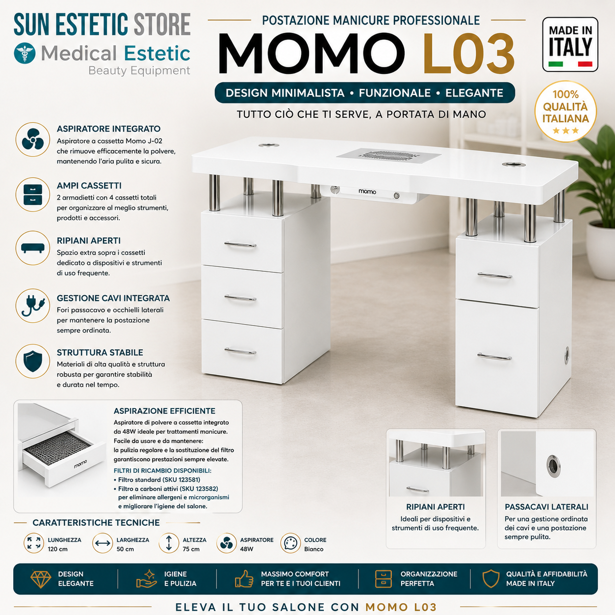 Momo L03 tavolo manicure con aspiratore