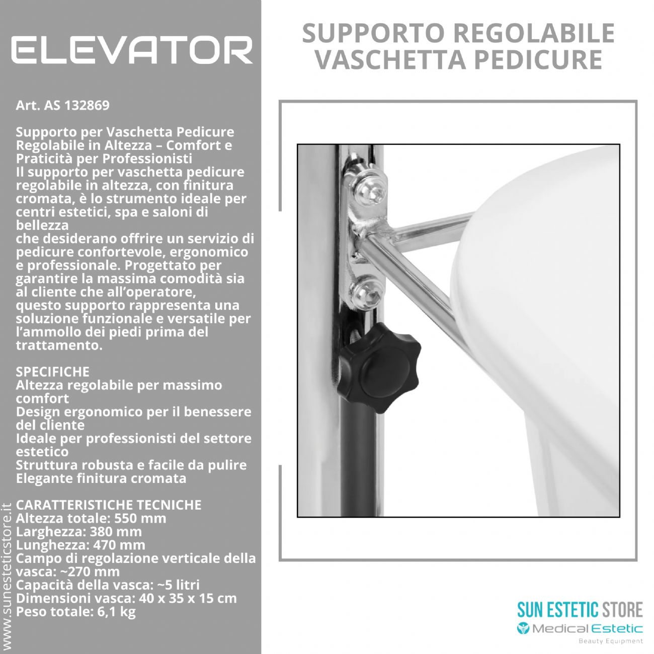 Elevator supporto regolabile vaschetta pedicure