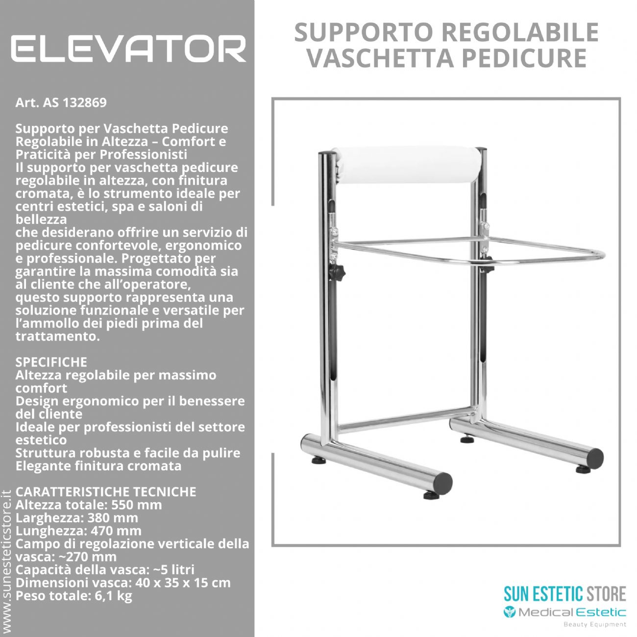 Elevator supporto regolabile vaschetta pedicure