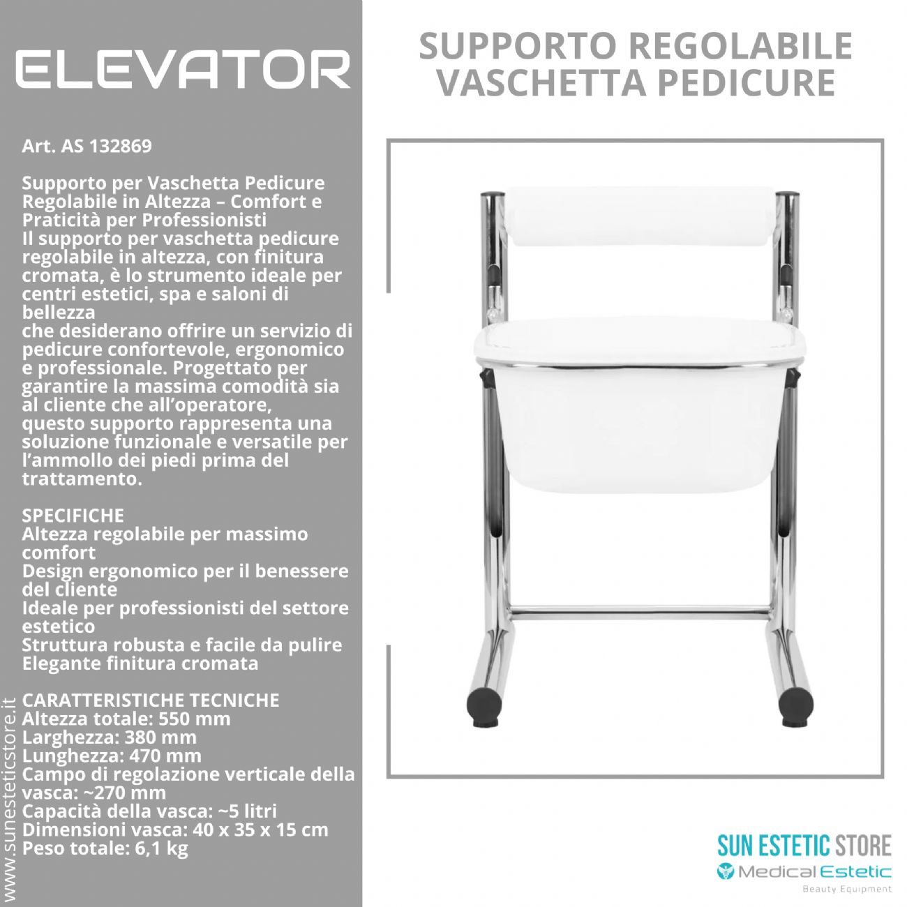 Elevator supporto regolabile vaschetta pedicure
