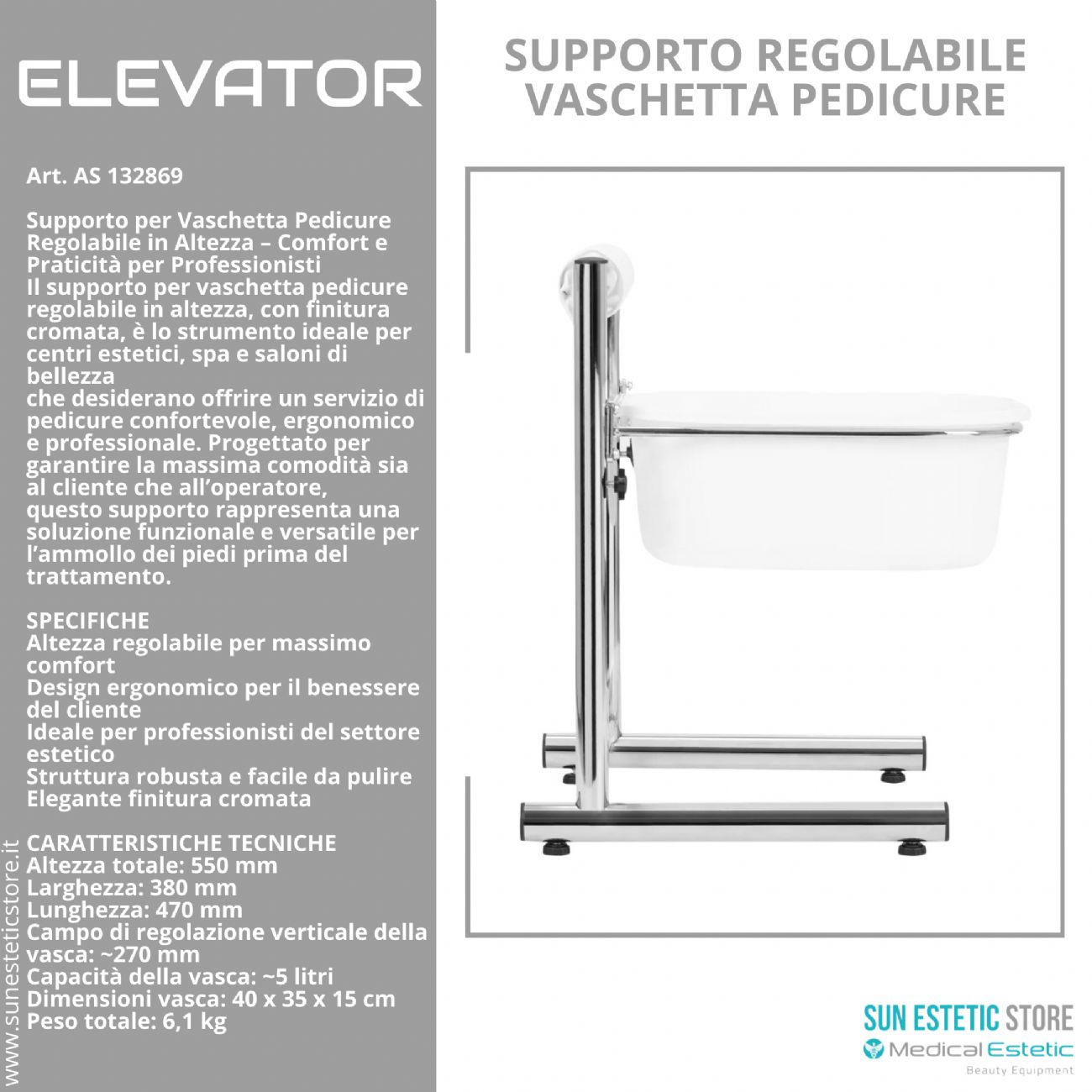 Elevator supporto regolabile vaschetta pedicure