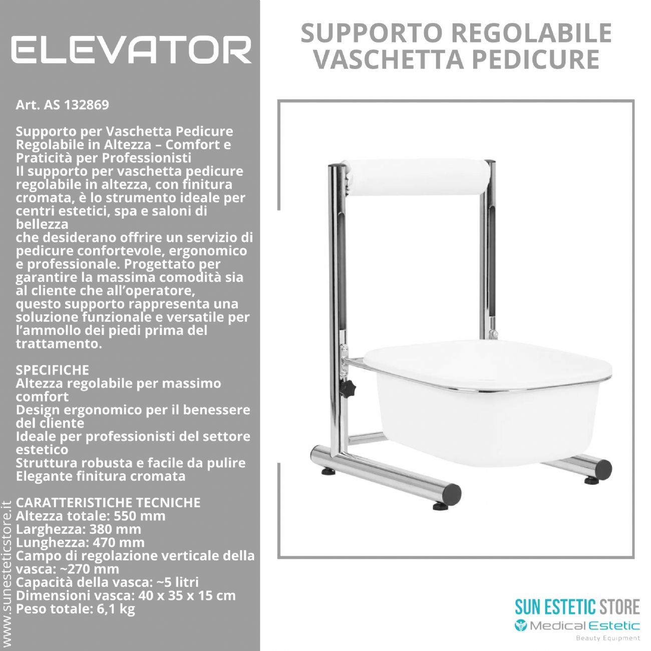 Elevator supporto regolabile vaschetta pedicure