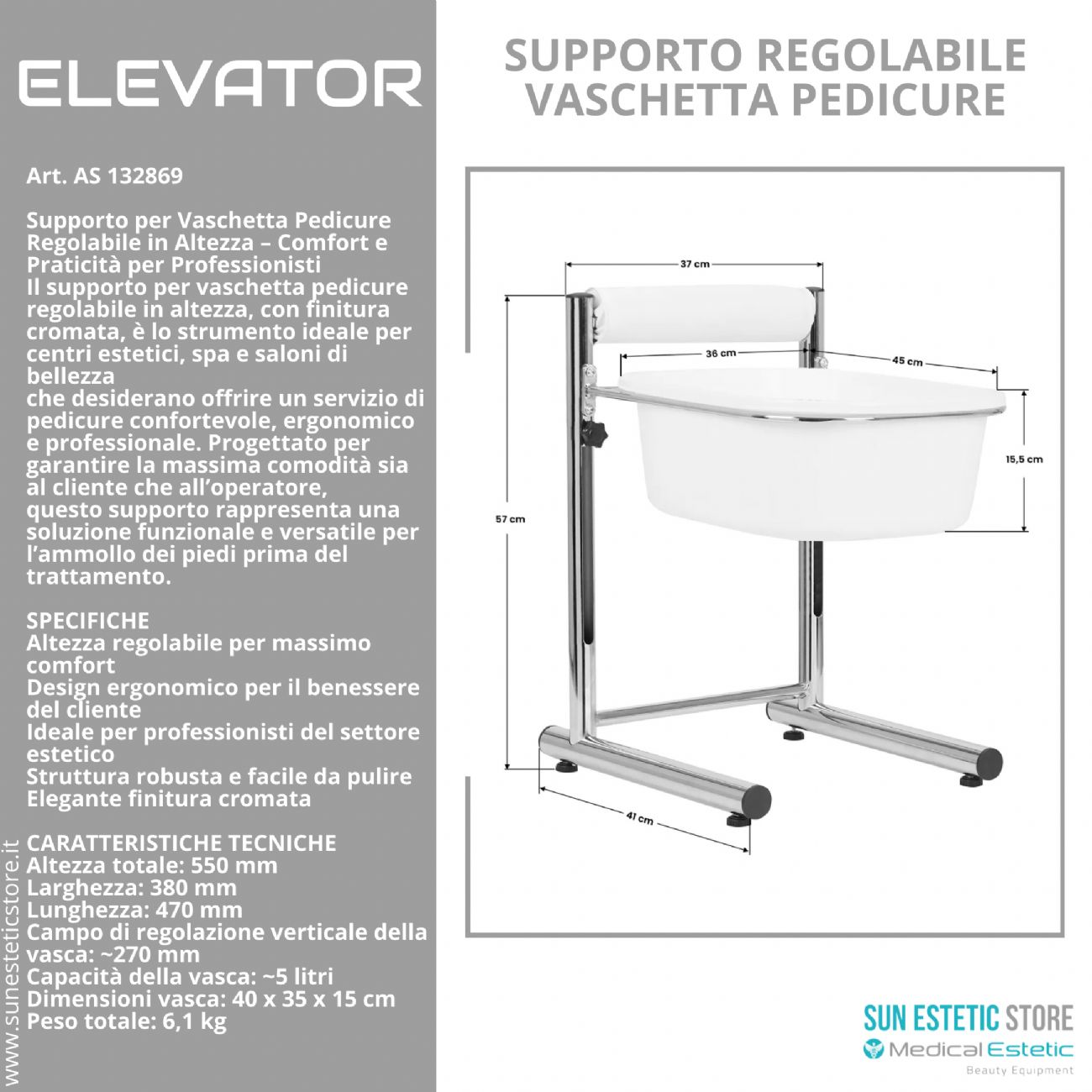 Elevator supporto regolabile vaschetta pedicure