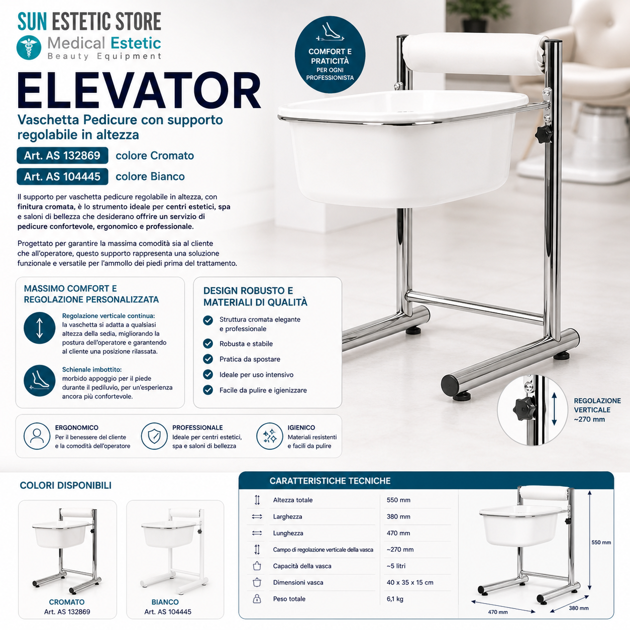 Elevator supporto regolabile vaschetta pedicure